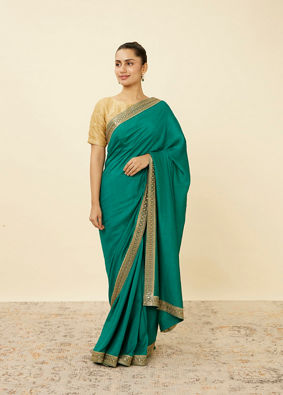 Teal Green Saree with Geometrical Patterned Borders image number 0